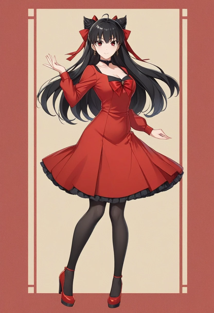 Anime picture of a woman in a red dress and black tights, anime full body illustration, single character full body, her wardrobe is attractive, !!full body portrait!!, rin tohsaka, full body!!, female anime character, full body single character, anime girl wearing a red dress, anime woman fullbody art, full body with costume, t pose,