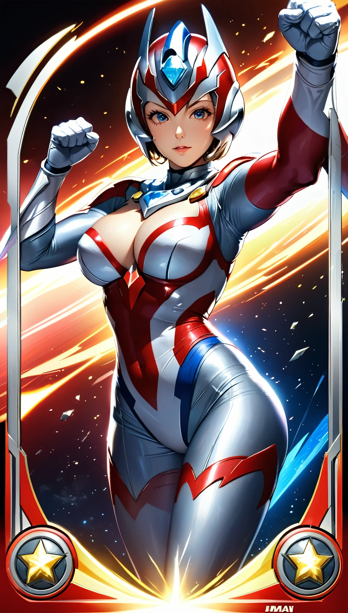 (masterpiece:1.2,Highest quality,Highest quality,High resolution,Very detailed),8k,1 female,Mature female heroine,40 years old,(女性のUltraman:1.5),(Dynamic Makeover:1.2),(Dynamic hair movement:1.2),(short hair),(Shiny Ultraman uniform),(Glowing Skin,Big eyes,Droopy eyes,Long eyelashes,Beautiful thighs,Beautiful Hair,Beautiful Face,Beautiful Eyes,Beautiful body,Beautiful breasts,Beautiful feet,Beautiful fingers),break((Ultraman)),((Ultraman_rise:1.5)),((hand)),(Raise your right fist straight up),(右handはパンチ),(Extend your right arm straight),((Detailed drawing of a fist),(Severe),(The background is a glowing prism flash),((Wrapped in dazzling light)),((Beautiful trading cards,Diamond Card))