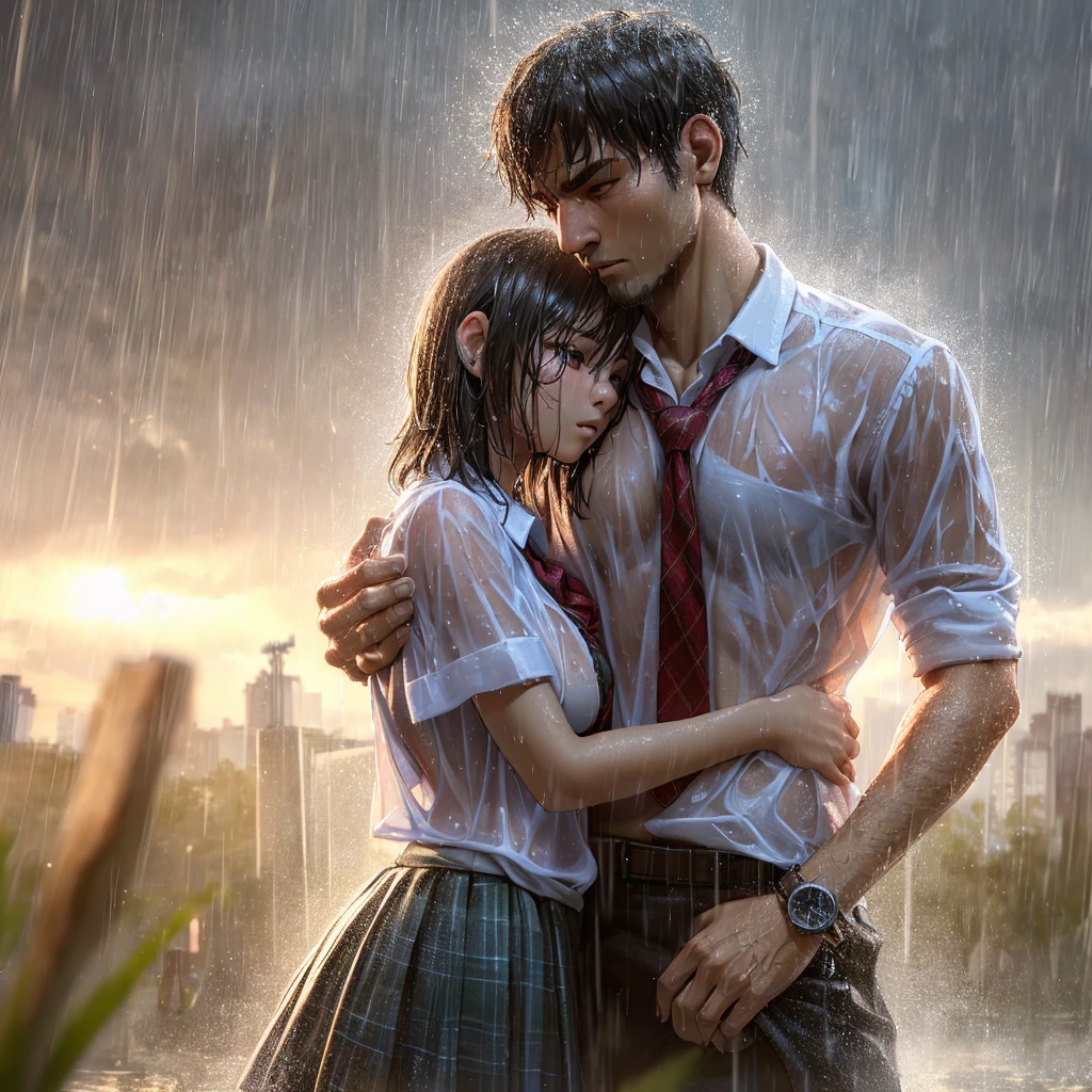 realistic art, there are (woman with
large round breast wearing black
luxury bra) and her ((handsome
muscular short hair masculine alpha
male boyfriend)) in an Indonesian
 hugging in the rain,
((wet messy shirt shows black bra
under shirt)), wet skirt, pretty girl at
school field, raining, Thai girl,
raining award-winning photo, , at evening, wet from rain, rainy
wet, beautiful, hand behind head,
masterpiece, best quality:1.2, (8k,
highres, RAW photo, realistic,
photo-realistic:1.3), (detailed skin
texture, detailed cloth texture,
beautiful detailed face:1.25),
professional lighting, photon
mapping, beautiful soft light,
radiosity, physically-based
rendering, ray tracing, model shoot
style, model shoot style, (extremely
detailed CG unity 8k wallpaper), full
shot body photo of the most
beautiful artwork in the world,
(NSFW))