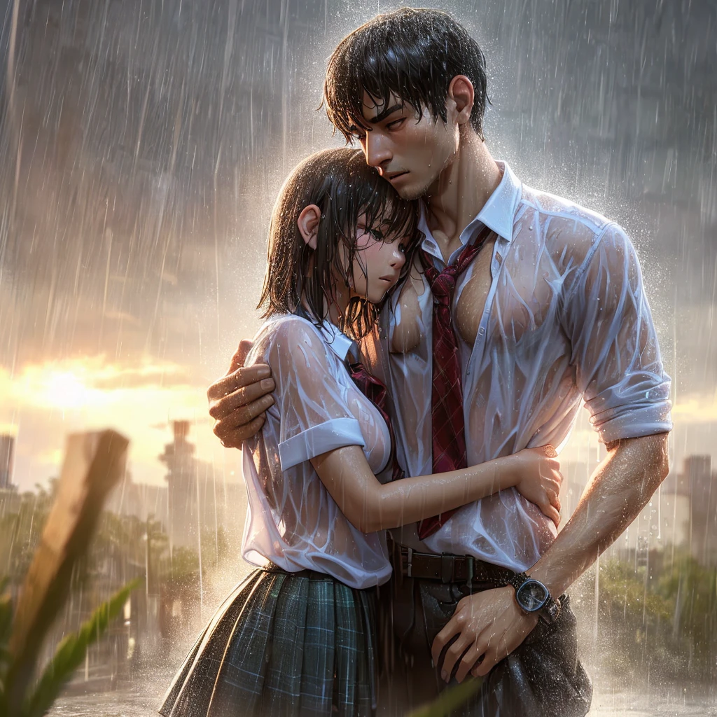 realistic art, there are (woman with
large round breast wearing black
luxury bra) and her ((handsome
muscular short hair masculine alpha
male boyfriend)) in an Indonesian
 hugging in the rain,
((wet messy shirt shows black bra
under shirt)), wet skirt, pretty girl at
school field, raining, Thai girl,
raining award-winning photo, , at evening, wet from rain, rainy
wet, beautiful, hand behind head,
masterpiece, best quality:1.2, (8k,
highres, RAW photo, realistic,
photo-realistic:1.3), (detailed skin
texture, detailed cloth texture,
beautiful detailed face:1.25),
professional lighting, photon
mapping, beautiful soft light,
radiosity, physically-based
rendering, ray tracing, model shoot
style, model shoot style, (extremely
detailed CG unity 8k wallpaper), full
shot body photo of the most
beautiful artwork in the world,
(NSFW))