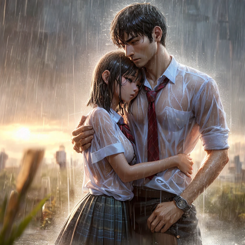 realistic art, there are (woman with
large round breast wearing black
luxury bra) and her ((handsome
muscular short hair masculine alpha
male boyfriend)) in an Indonesian
 hugging in the rain,
((wet messy shirt shows black bra
under shirt)), wet skirt, pretty girl at
school field, raining, Thai girl,
raining award-winning photo, , at evening, wet from rain, rainy
wet, beautiful, hand behind head,
masterpiece, best quality:1.2, (8k,
highres, RAW photo, realistic,
photo-realistic:1.3), (detailed skin
texture, detailed cloth texture,
beautiful detailed face:1.25),
professional lighting, photon
mapping, beautiful soft light,
radiosity, physically-based
rendering, ray tracing, model shoot
style, model shoot style, (extremely
detailed CG unity 8k wallpaper), full
shot body photo of the most
beautiful artwork in the world,
(NSFW))