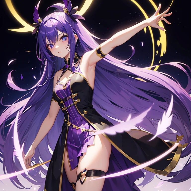 cure slave(magical girl, blue eye, purple hair, long straight hair, blue side line in dark purple dress, gold vertical line in black coat), right blue feather hair pin, broken heart accessory,
