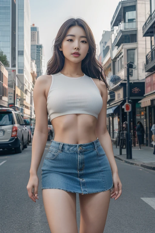 a beautiful korean woman with a plump body, wearing a crop top, with abs, wearing a mini skirt and high thighs, standing on a city street in daylight, beauty portrait photography, (best quality,4k,8k,highres,masterpiece:1.2),ultra-detailed,(realistic,photorealistic,photo-realistic:1.37),HDR,studio lighting,vivid colors