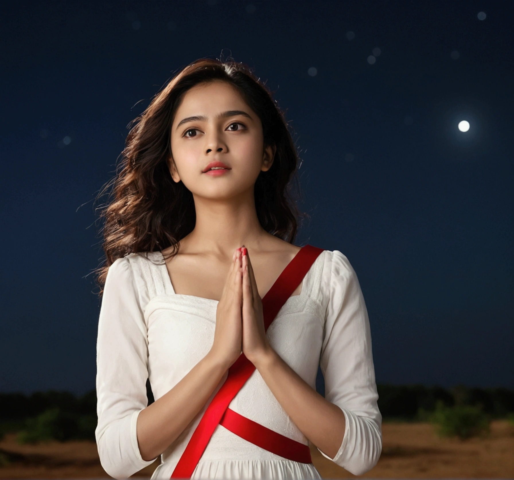 masterpiece,Better Quality,Movie stills,alone,One girl,Thin face,Thin Hair,Quality Eyes,White Dress,Red ribbon,Fold your hands in front of your chest,(Night sky background:0.7)