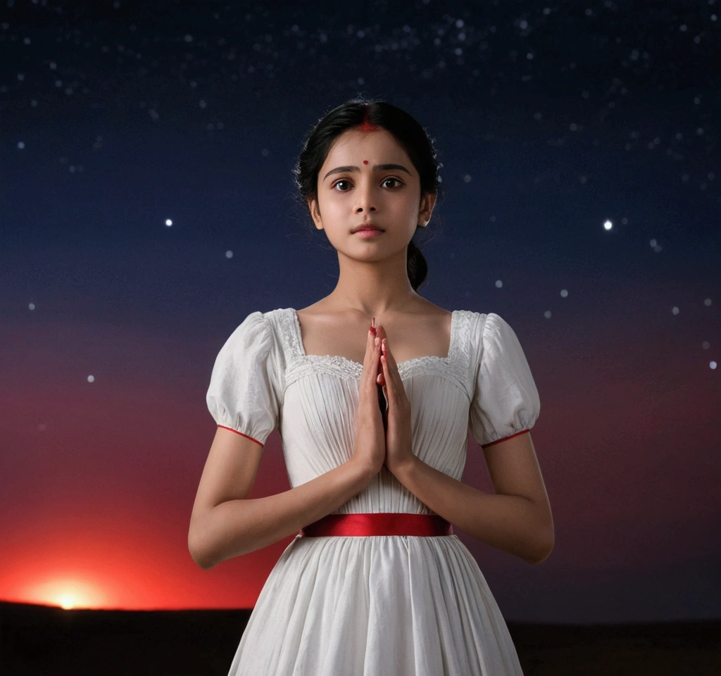 masterpiece，Better Quality，Movie stills，alone，One girl，Thin face，Thin Hair，Quality Eyes，White Dress，Red ribbon，Fold your hands in front of your chest，（Night sky background：0.7）