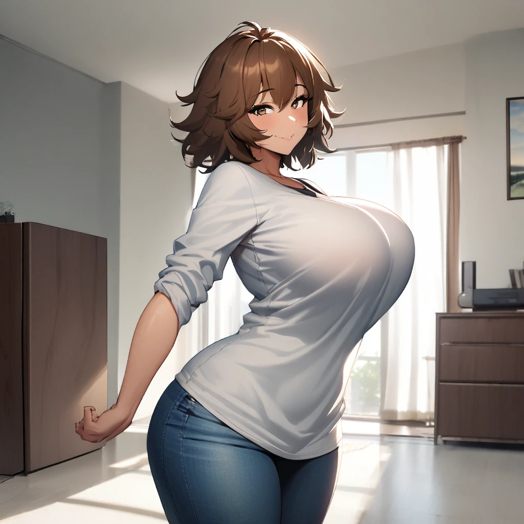 1girl,solo,Shaggy hair,brown hair color,short hair,white shirt,jeans,mature female,super huge breasts,looking at viewer,A look of vulgarity,near,standing up,in living room