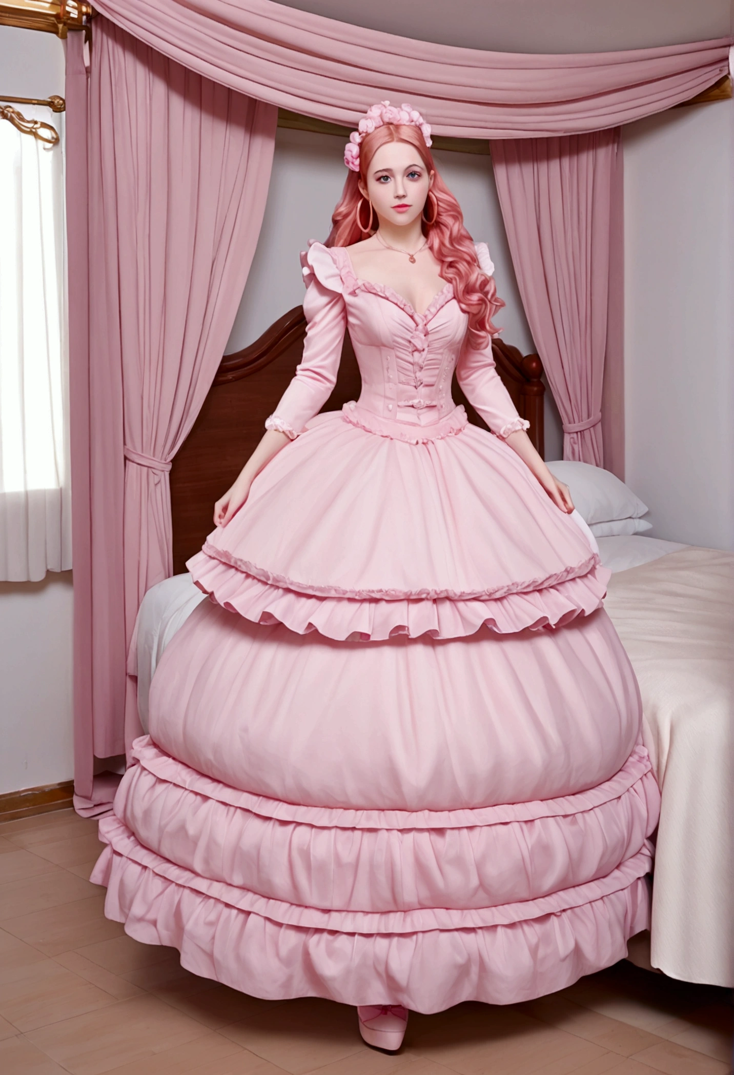 Highest quality, masterpiece, Highest Resolution, romantic,woman, (()),The girl is a princess,((Dark pink satin fabric)),pink victorian dress, ((Gorgeous princess rococo ball gown dress with voluminous full-length hoop skirt)),Long sleeve,Long dress,A dress with lots of ruffles and ribbons...,luxury,((Palace Bedroom)),((Huge Victorian canopy bed)), (Large ruffled silk pink curtains),Long Hair,Princess