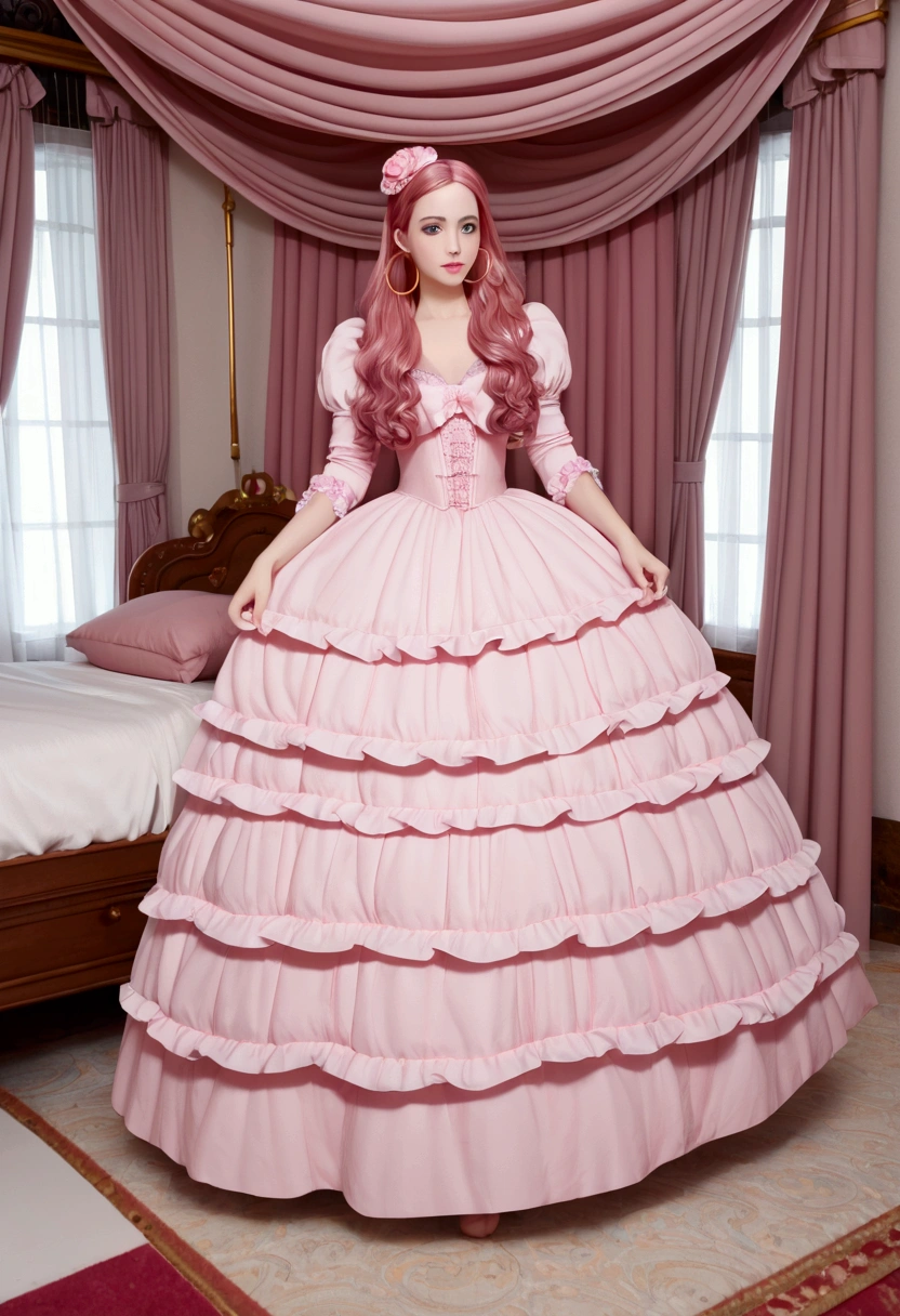 Highest quality, masterpiece, Highest Resolution, romantic,woman, (()),The girl is a princess,((Dark pink satin fabric)),pink victorian dress, ((Gorgeous princess rococo ball gown dress with voluminous full-length hoop skirt)),Long sleeve,Long dress,A dress with lots of ruffles and ribbons...,luxury,((Palace Bedroom)),((Huge Victorian canopy bed)), (Large ruffled silk pink curtains),Long Hair,Princess
