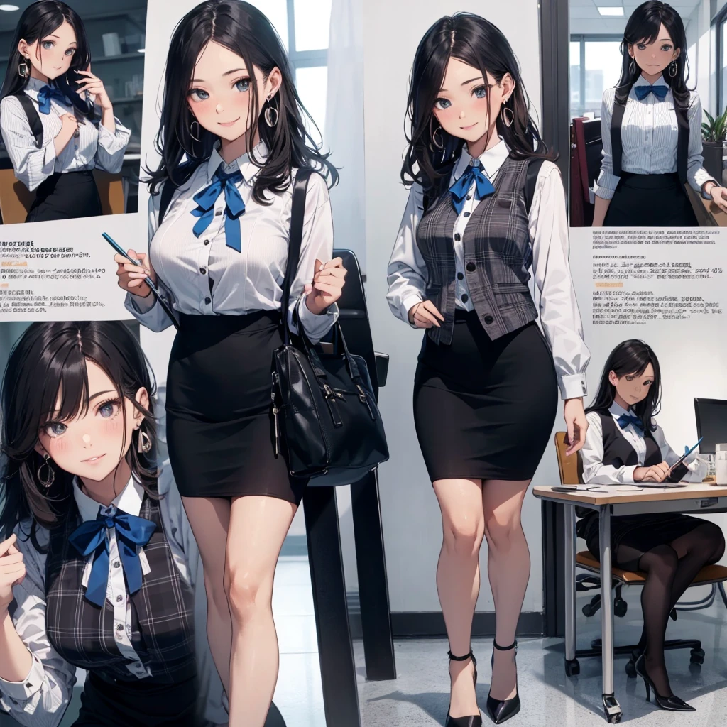 (Best Quality, Masterpiece),Wearing a pink plaid vest, White short sleeved shirt, Gray pencil skirt, Wear stiletto heels, Necklace, earrings, Cute face, Smile, Blushing, Shyness, Glass wall, Ultra Detail, Realistic, Front view, Whole body, stunning, cute, warm smile, hourglass figure, apron, text, chart, advertising, magazine title(Best Quality, Masterpiece), Mag((((1ladyl,)))) (masterpiece), (realistic), (best quality), (ultra-detailed), (wearing in [[white and gray check pattern]] Vest worn over white collared long-sleeved shirt:1.4), (gray vest with buttons:1.2), (Pink Theme:1.2), (blue ribbon ribbon:1.3), (Black theme:1.4), (Tight black pencil skirt:1.5), ((Brown pantyhose)), (high-heels:1.1),longskirt,office desk, office chair,Lulubre Unity 8K Wallpaper, pantyshot, long brown hair, office lady Magazine Cover, 1girl,  amazing, girl, 30 years old, house wiife, warm smile, hourglass figure, text, chart, advertising, magazine title