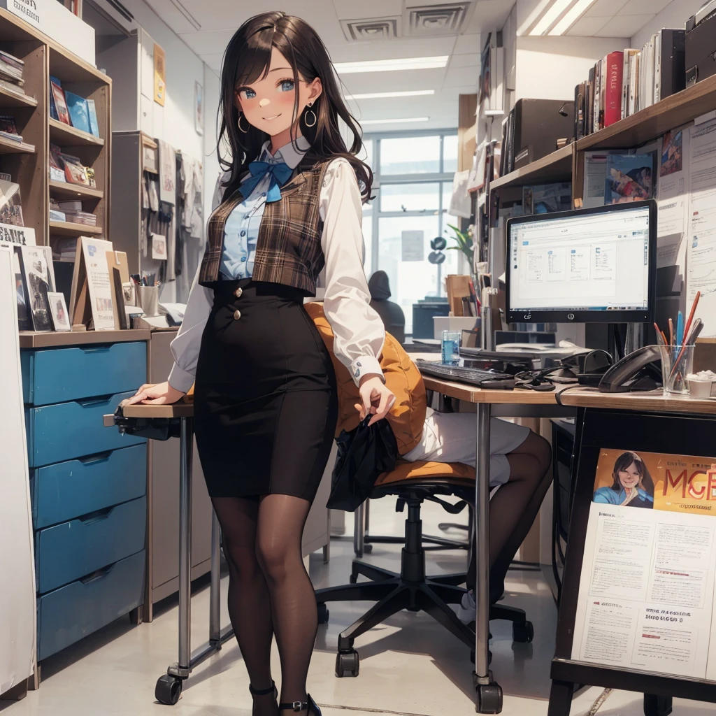 (Best Quality, Masterpiece),Wearing a pink plaid vest, White short sleeved shirt, Gray pencil skirt, Wear stiletto heels, Necklace, earrings, Cute face, Smile, Blushing, Shyness, Glass wall, Ultra Detail, Realistic, Front view, Whole body, stunning, cute, warm smile, hourglass figure, apron, text, chart, advertising, magazine title(Best Quality, Masterpiece), Mag((((1ladyl,)))) (masterpiece), (realistic), (best quality), (ultra-detailed), (wearing in [[white and gray check pattern]] Vest worn over white collared long-sleeved shirt:1.4), (gray vest with buttons:1.2), (Pink Theme:1.2), (blue ribbon ribbon:1.3), (Black theme:1.4), (Tight black pencil skirt:1.5), ((Brown pantyhose)), (high-heels:1.1),longskirt,office desk, office chair,Lulubre Unity 8K Wallpaper, pantyshot, long brown hair, office lady Magazine Cover, 1girl,  amazing, girl, 30 years old, house wiife, warm smile, hourglass figure, text, chart, advertising, magazine title