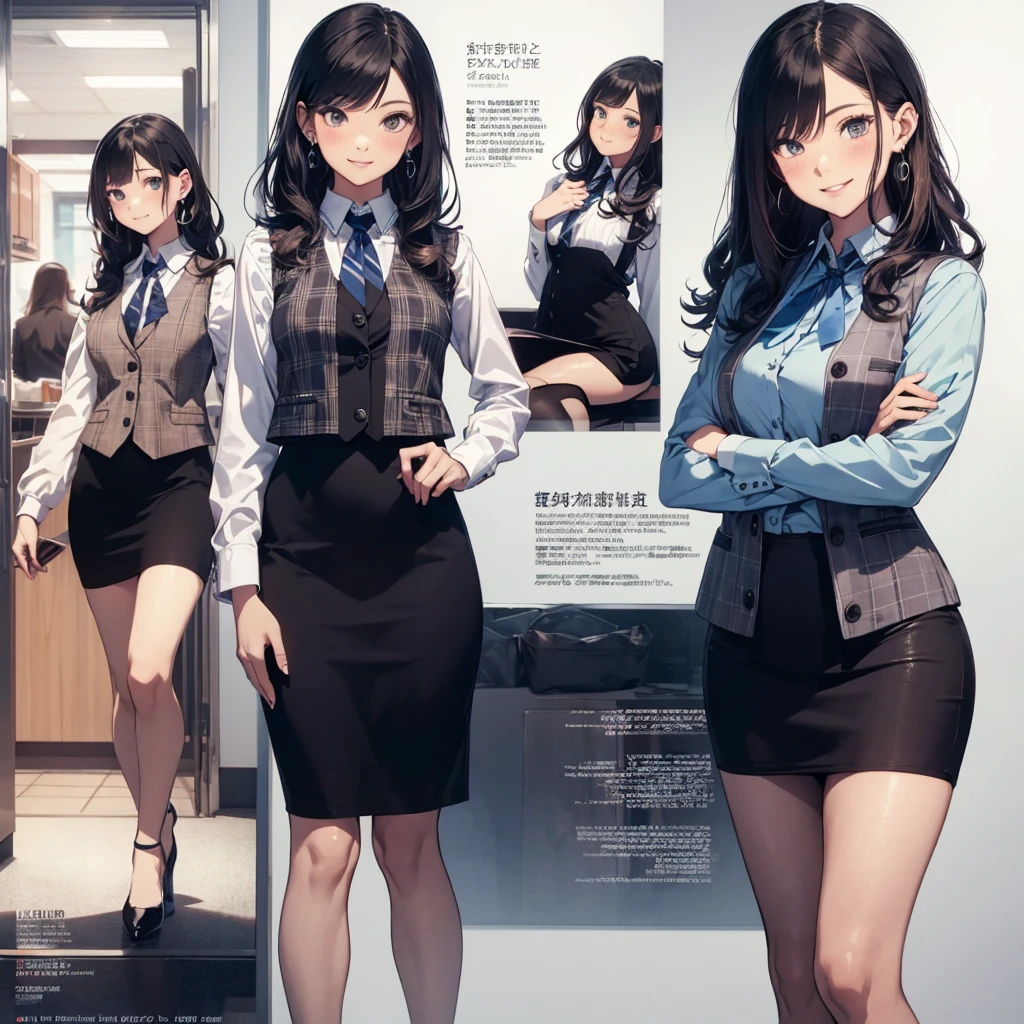 (Best Quality, Masterpiece),Wearing a pink plaid vest, White short sleeved shirt, Gray pencil skirt, Wear stiletto heels, Necklace, earrings, Cute face, Smile, Blushing, Shyness, Glass wall, Ultra Detail, Realistic, Front view, Whole body, stunning, cute, warm smile, hourglass figure, apron, text, chart, advertising, magazine title(Best Quality, Masterpiece), Mag((((1ladyl,)))) (masterpiece), (realistic), (best quality), (ultra-detailed), (wearing in [[white and gray check pattern]] Vest worn over white collared long-sleeved shirt:1.4), (gray vest with buttons:1.2), (Pink Theme:1.2), (blue ribbon ribbon:1.3), (Black theme:1.4), (Tight black pencil skirt:1.5), ((Brown pantyhose)), (high-heels:1.1),longskirt,office desk, office chair,Lulubre Unity 8K Wallpaper, pantyshot, long brown hair, office lady Magazine Cover, 1girl,  amazing, girl, 30 years old, house wiife, warm smile, hourglass figure, text, chart, advertising, magazine title