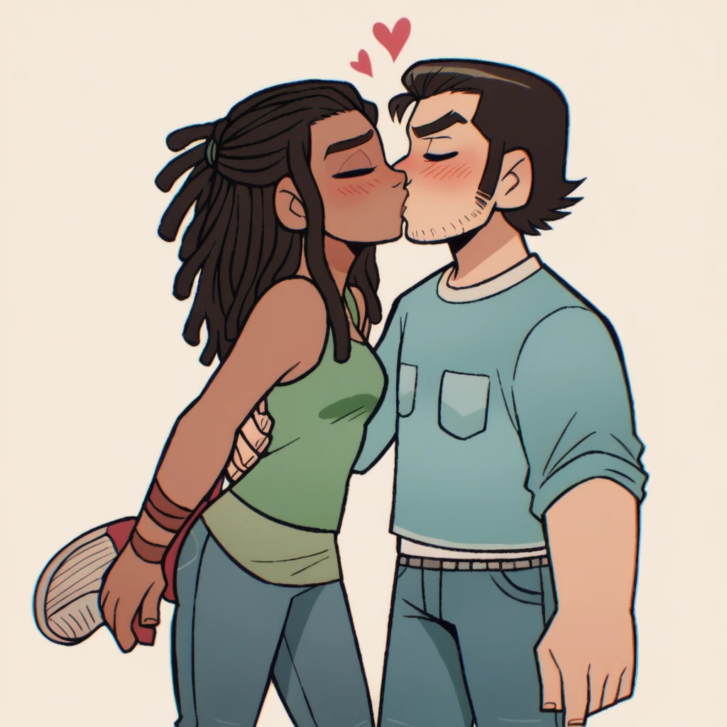 score_9_presence, score_8_up, 1girl, moana, 1boy, male, black skin, moustache, dreadlocks, jeans, shirt, high-top sneakers, together, in love, blushing, kissing