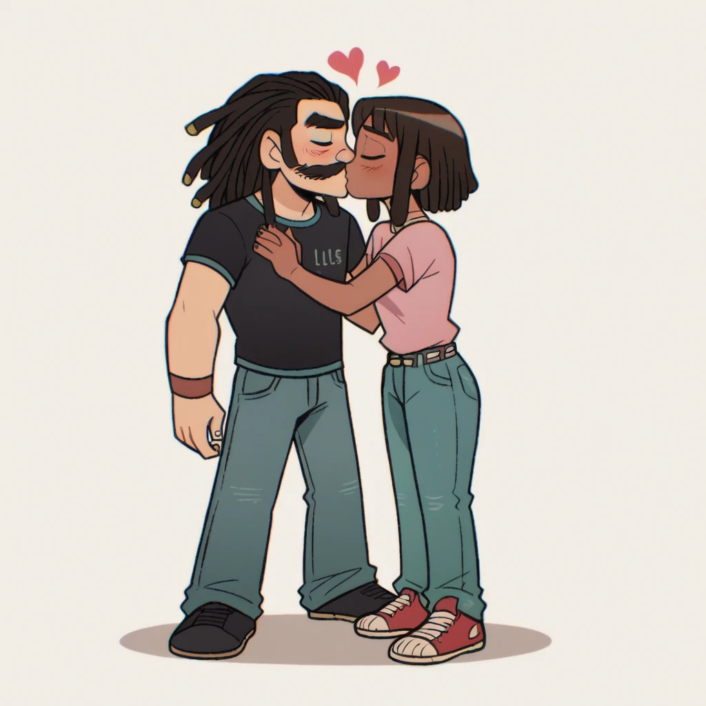score_9_presence, score_8_up, 1girl, moana, 1boy, male, black skin, moustache, dreadlocks, jeans, shirt, high-top sneakers, together, in love, blushing, kissing