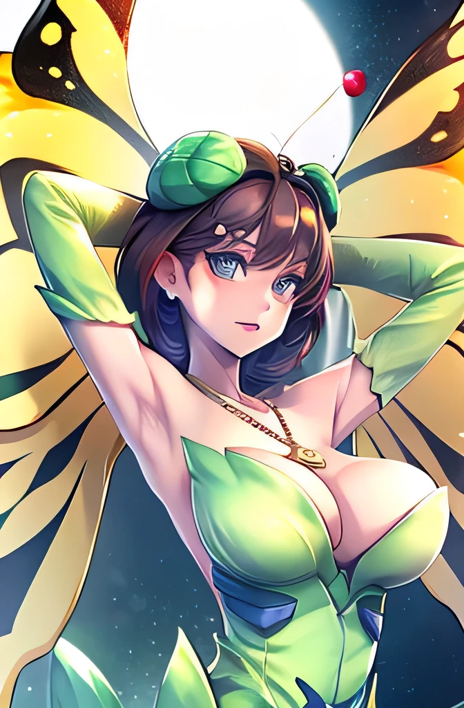 ((masterpiece,best quality,ultra-delicate,Perfect Face,16k,high resolution,very beautiful girl)),yellow butterfly wing on the head,brown medium short hair,green bodycon suits,green long boots ,green long arm sleeves, large breasts,gold necklace,seductive pose,cowboy shot