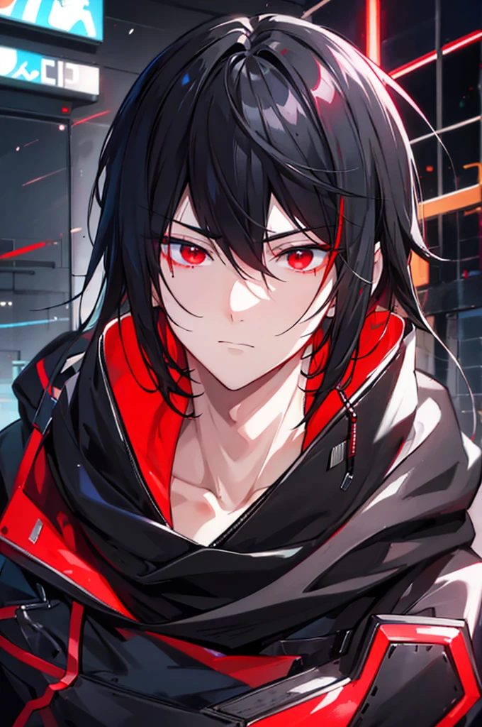 portrait, male, beauty, black hair, red eyes, cyberpunk, black hoodie, 하얀색 cyberpunk 코트, amiable,  No ear decoration