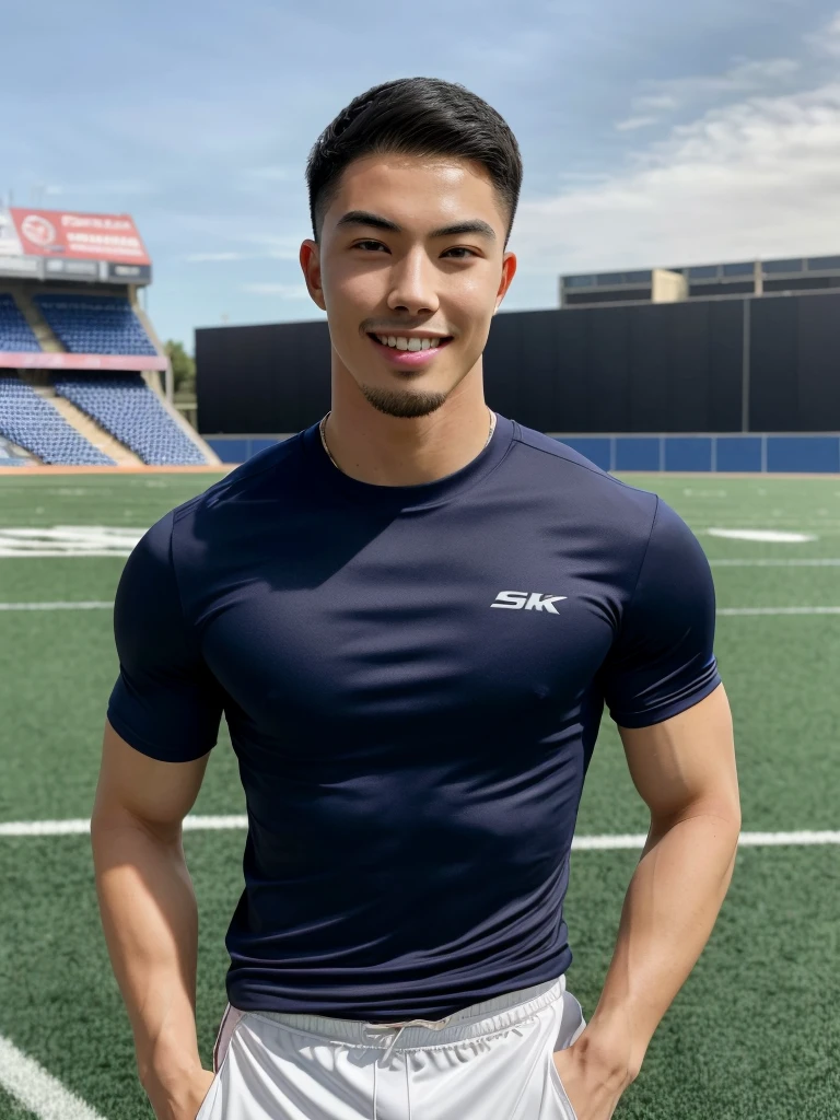 Tony Labrusca, (As a matter of fact, Masterpiece, 8k HD, good light quality, sportswear, fit the face, complicated details), A handsome, muscular young Korean man. , 20 years old, be happy, smile brightly, detailed face, delicate eyes, มองดูsky, Wear a tight blue t-shirt., period, black eyes, Black hair color, ผมsmooth, smooth, outdoor sports, Along the football field, Sunny,sky，Surreal，Superb details，Highest quality，real，