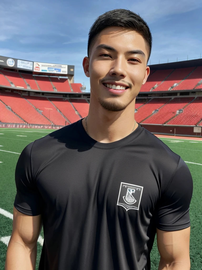 Tony Labrusca, (As a matter of fact, Masterpiece, 8k HD, good light quality, sportswear, fit the face, complicated details), A handsome, muscular young Korean man. , 20 years old, be happy, smile brightly, detailed face, delicate eyes, มองดูsky, Wear a tight blue t-shirt., period, black eyes, Black hair color, ผมsmooth, smooth, outdoor sports, Along the football field, Sunny,sky,Surreal,Superb details,Highest quality,real,