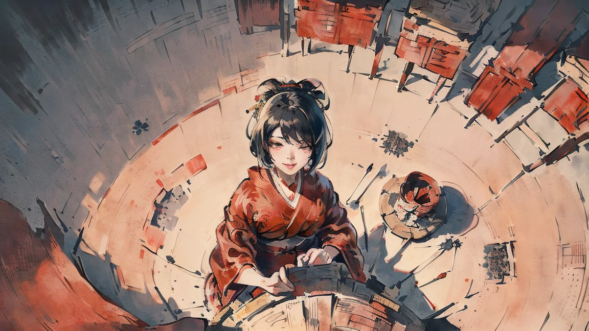 (((beautiful girl))), (((red cheek))),(((Pixie Cut))) ,(((Chuckle-Smile))),(((torii))),(((Festival of the Japan))), (((stall))), (((Looking Down from Above:1.8))), ((((upturned eyes :1.5))),(((night))), (Lips are red:1.5),20-year-old, Watercolor, masterpiece, Highest quality, Very delicate and beautiful girl,Very delicate and beautiful, world masterpiece theater, Super detailed, Very detailedな, Highest quality,(((fancy red kimono)))。 (((Black Hair))), (((Upper Body))), High resolution, Very detailed,5 girls, Highest quality, figure, masterpiece, Highest quality, Accuracy, A woman in her twenties from the late Edo period, He has a modern anime-like face.