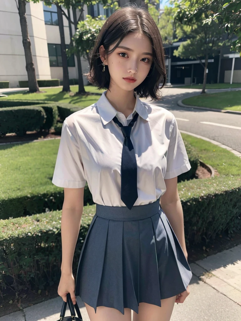 absurdres, RAW photo, extremely delicate and beautiful, masterpiece, Best Quality, ultra high resolution, 32k, hyperrealistic, ultra-detailed, perfect figure, Perfect Style, Perfect balance, in her 20s, very small head, very small face, delicate facial features, tearful mole, earring, very huge round breasts, full body shot, whole legs, short medium hair, wavy hair, outdoor, (school_uniform:1.2), short skirt, dress shirt, tie,