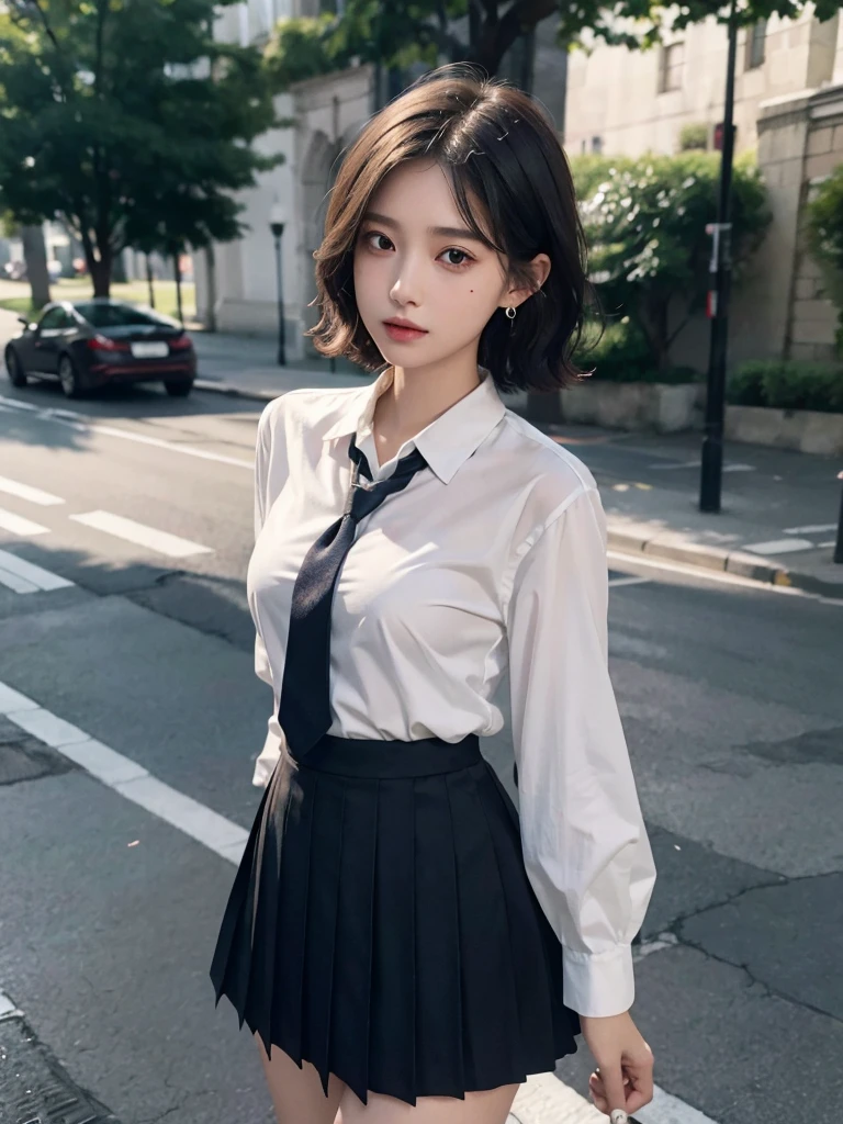 absurdres, RAW photo, extremely delicate and beautiful, masterpiece, Best Quality, ultra high resolution, 32k, hyperrealistic, ultra-detailed, perfect figure, Perfect Style, Perfect balance, in her 20s, very small head, very small face, delicate facial features, tearful mole, earring, very huge round breasts, full body shot, whole legs, short medium hair, wavy hair, outdoor, (school_uniform:1.2), short skirt, dress shirt, tie,
