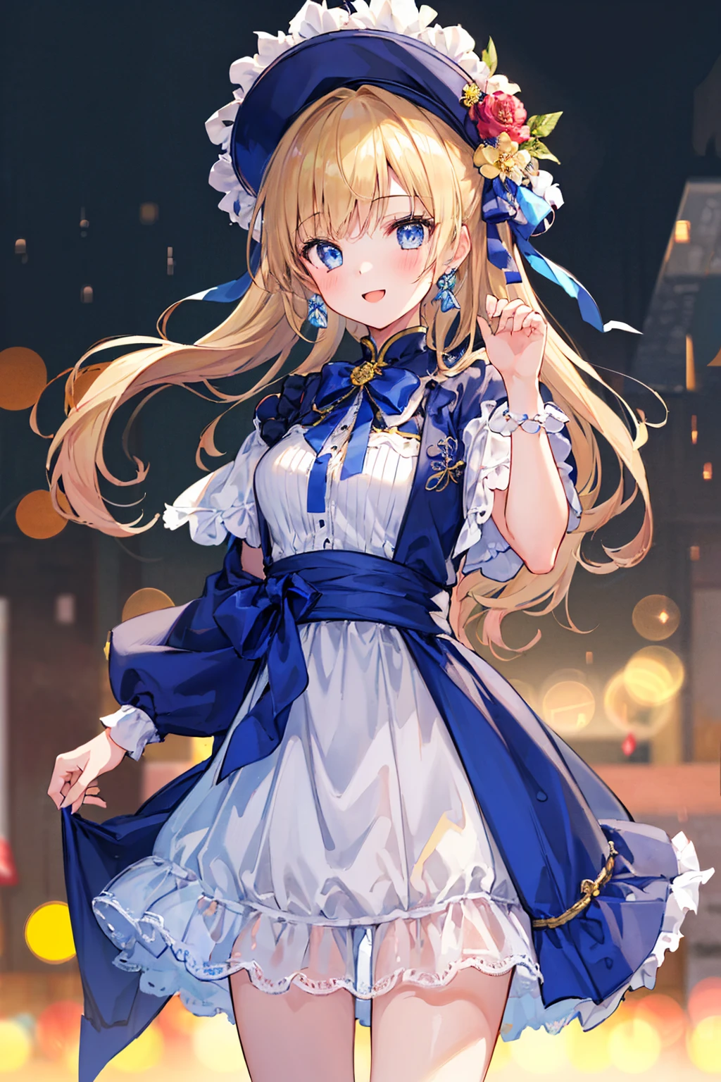 ((Highest quality, 8k, masterpiece: 1.3)), ((One girl:1.5)), The beauty of slim abs: 1.3, Casual Hairstyles, (Blue Long Group: 1.5), Very beautiful face, Delicate eyes, double eyelid, smile, Dancing,((Highest quality)), (Very detailed), (高精細CG合成8k壁紙), 高いly detailed, 高い-definition raw color photos, Professional photography, (((Bokeh))), Written boundary depth,
