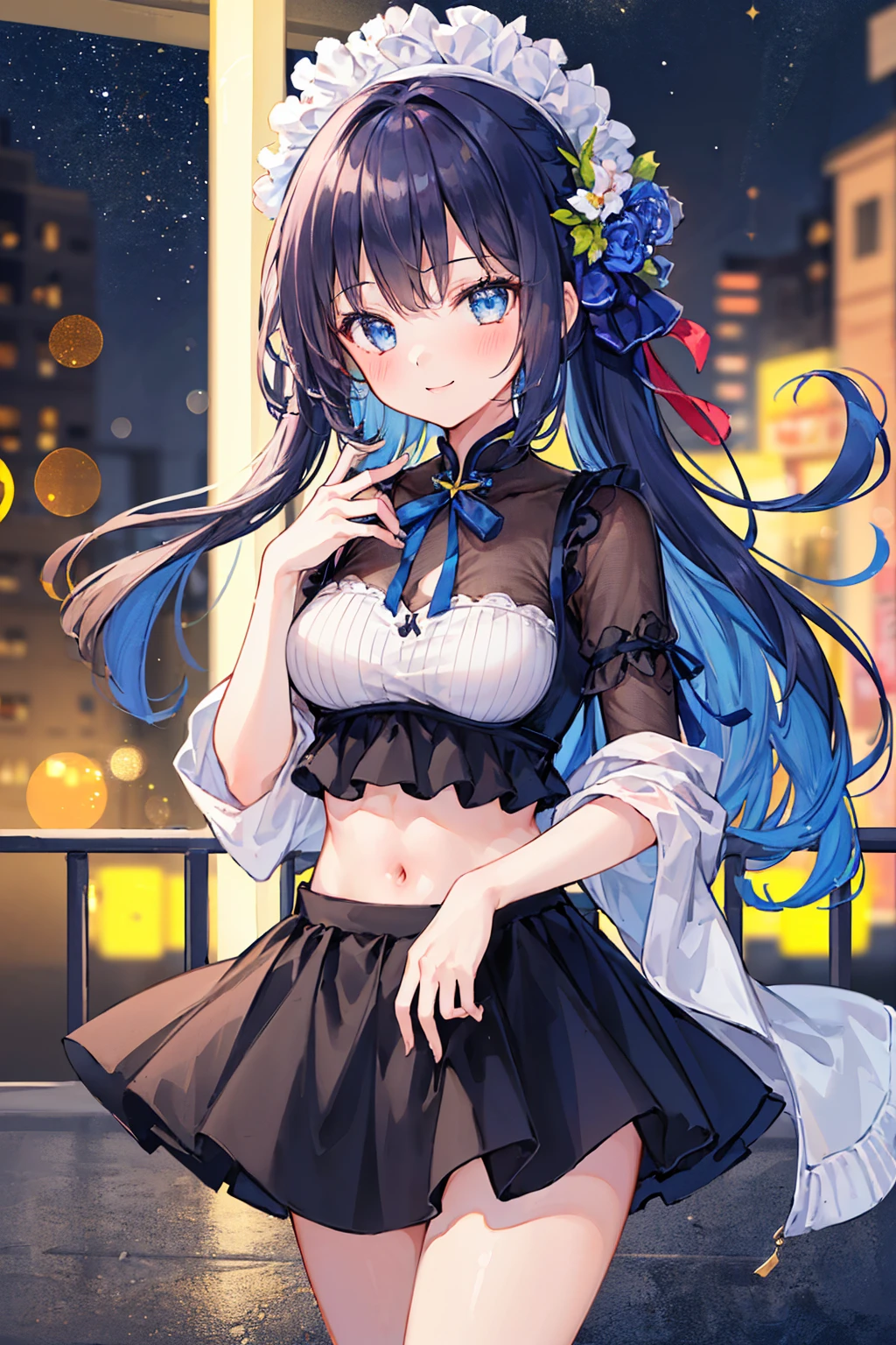 top-quality、Top image quality、masterpiece、girl with((18year old、Best Bust、Medium bust、Bust 85,Beautiful blue eyes、Breasts wide open,Black Short Sleeve T-Shirt、White see-through、Black short skirt、Ponytail with black hair、Smile Face、Beautiful blue earrings、emphasis on the buttocks、A slender、Height 175cm,posterior view、Leaning forward、Blue hair mesh))hiquality、Beautiful Art、Background with((Night amusement park、Red and blue lighting、Disney land、parade)),masutepiece、Elaborate design、visualart、depth of fields、The best lighting、highestdetailed、