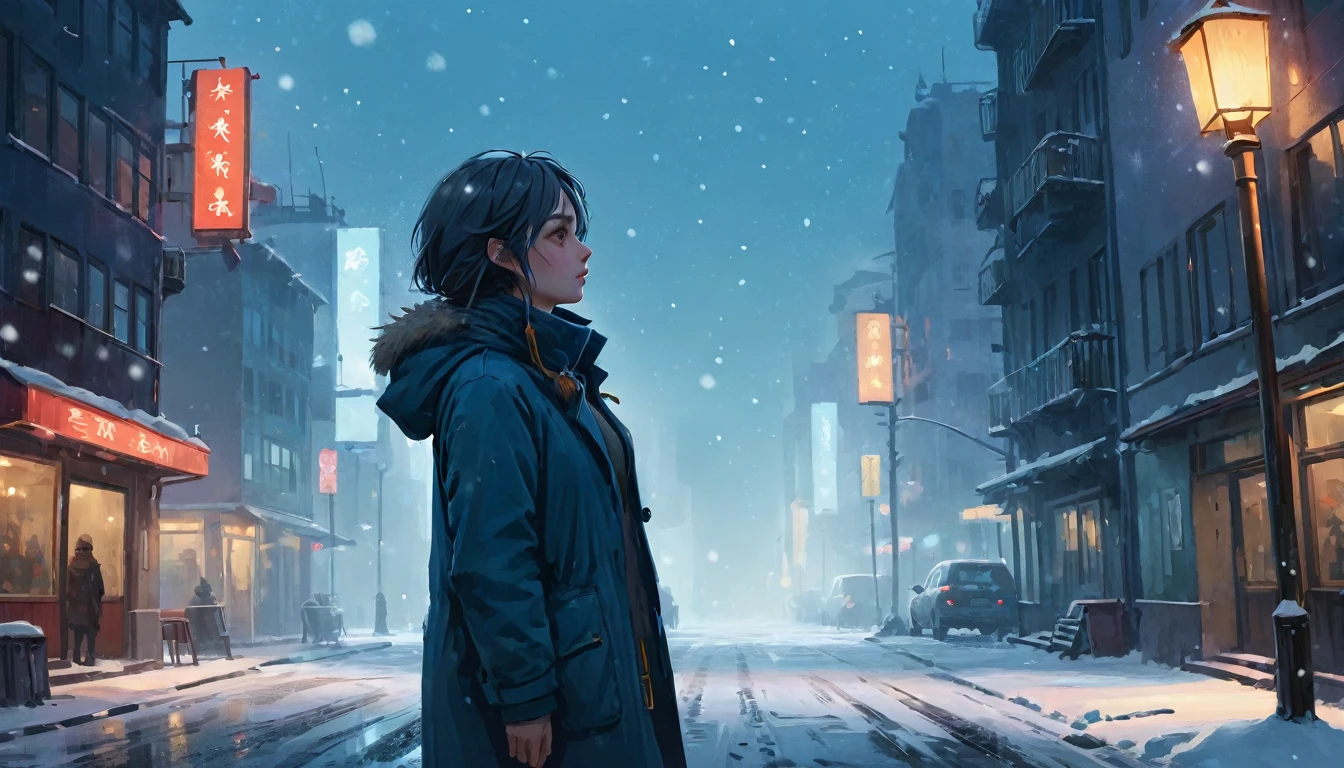 side angle shot of a person standing on in a city, snow everywhere, buildings background, looking sideways at camera, lot's of snowflakes, haze, expansive, long shot, aesthetic photography, low brightness, dim, blue color pallette, snow particles, bokeh, wallpaper, highest quality, masterpiece, high definition painterly textures, inspired by artstation art and Simon Stalenhag's oil paint artstyle. Somber, highly detailed, absolutely breathtaking, dynamic angle, dutch angle,