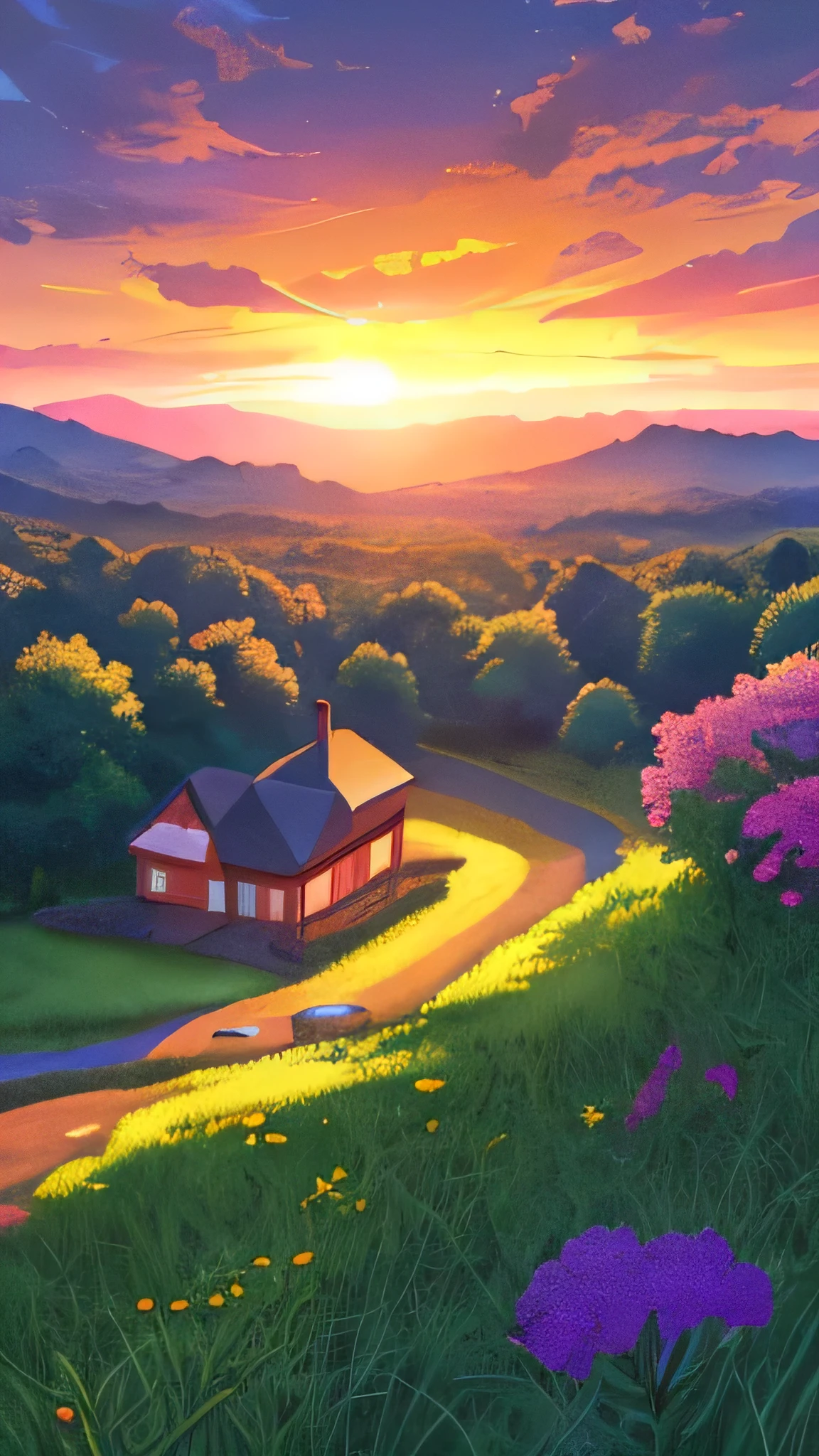 "Create a highly detailed, high-resolution image of an anime landscape depicting a sunset over lush green meadows with beautiful flowers.The sky should be a gradient of warm colors, transitioning from deep orange and pink near the horizon to a soft purple and blue higher up. The setting sun should cast a golden colour spreading, create a that landscape a anime small house on the top of hill where land ends and a view of very beautiful forest and small van on curvy road of forest beside of house where land ends, glowing effect, colour combination, vibrant colour combination,green, yellow,pink flower raining towards sky, cloudy atmosphere,depth,hd ,uhd,8k resolution 