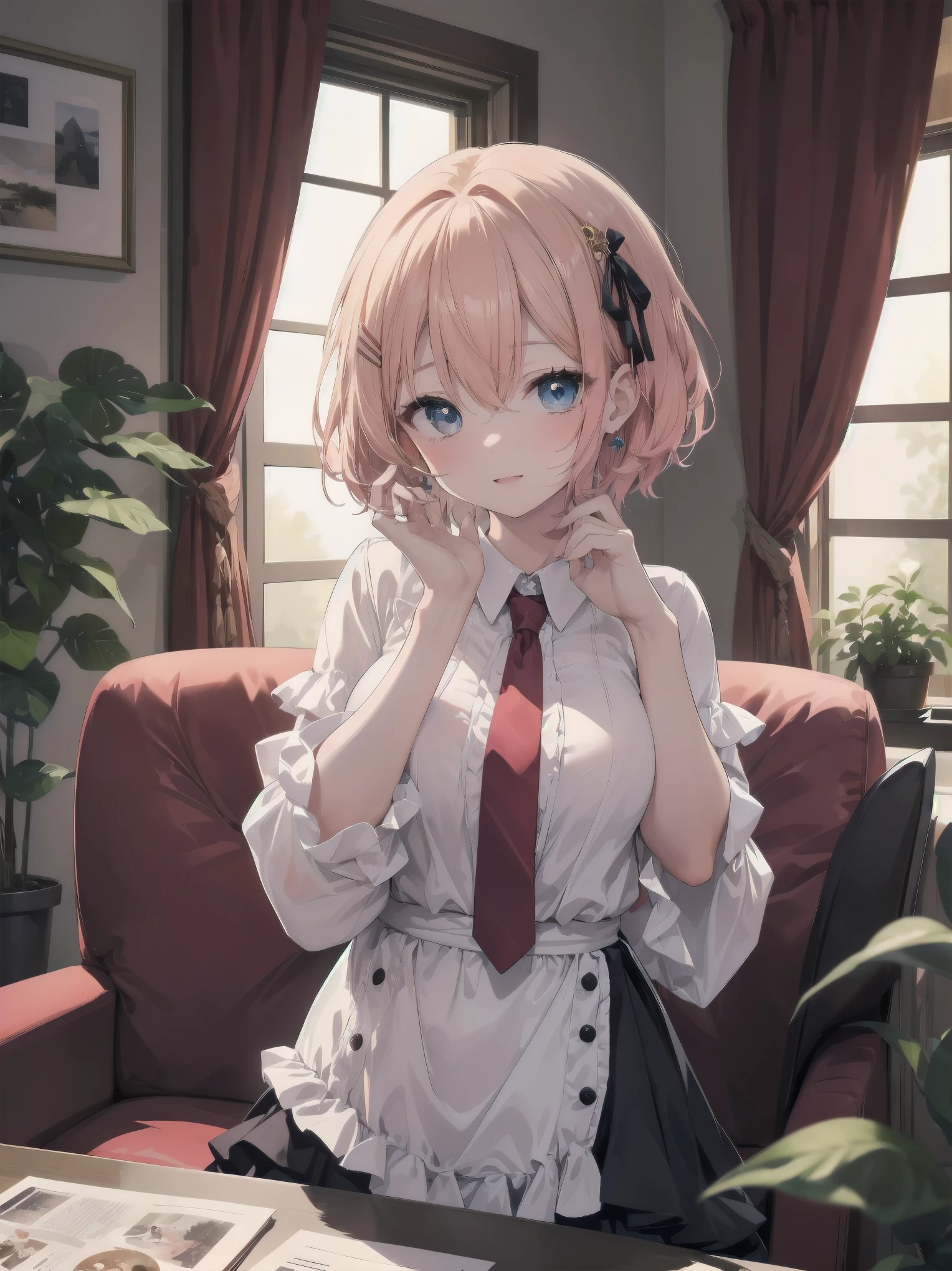 Scene Description: - Composition: Portrait. Focus on the face. Shot from the front. - Subject: Cute girl. (Chibi:1.1). Real person. - Features: - Face: (Cute round face:1.2). - Eyes: Detailed dark blue eyes. - Hair: One-leg bob-cut hair down the front with a large ribbon hairpiece, (golden hair), (red inner hair), auburn hair, hair between the eyes. - Body: Detailed slender body. Large breasts. - Clothing: Pink ruffled blouse, flares, blue ribbon tie, long ruffled sleeves, layered skirt. - Expression: happy expression. Mouth open. - Pose: head tilted back. She is looking at the viewer. - Background: living room of a trendy café. - Elements: Houseplants. Cute pastel sofa. Cute pastel curtains. Cute pastel-colored wallpaper. Time: Daytime. Lighting: (Natural light: 1.4). Art Style: Watercolor. Traditional media. Quality: Intricate details. Highly detailed. Outstanding complexity. (Masterpiece: 1.2). (Highest quality: 1.2). (Absurd absolute resolution: 1.4). Mood: Calm,