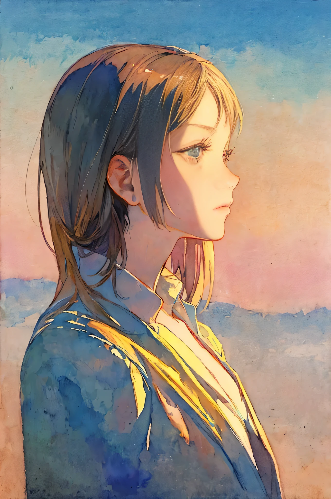 Watercolor、Very pale shades、Beautiful colors、Perfect Anatomy、Cowboy Shot、A girl is depicted on the far right、Girl looking left and glancing at the viewer、cute、Beautiful Eyes、profile、Masterpiece、Highest quality、