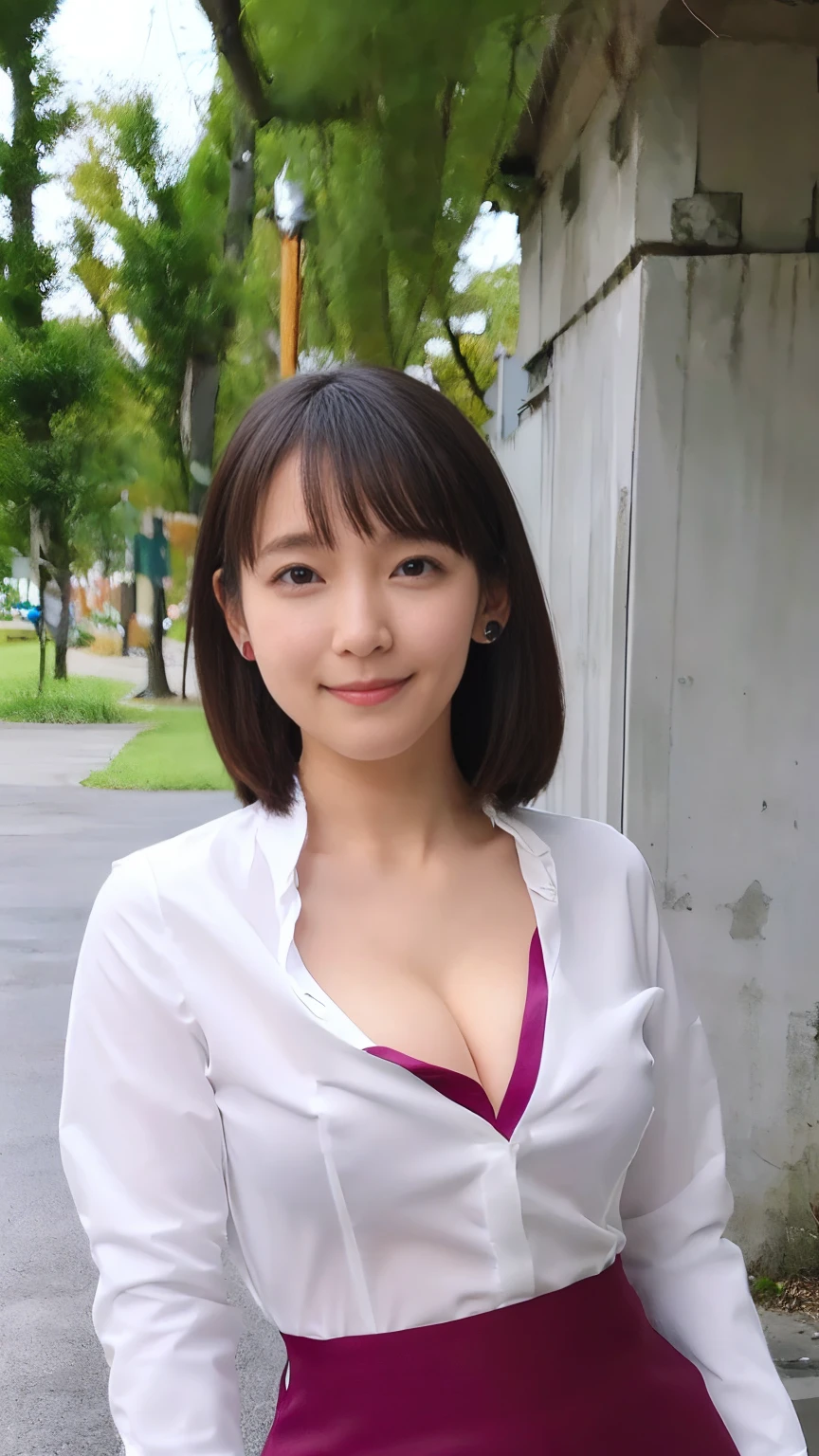 (1 female),beauty,Beautiful Face,smile,(dress shirt:1.4),A dignified appearance,Plump Style,(Saggy breasts:1.3)、(Peeking into this、Front view),Focus on the chest,Ultra-realistic,Ultra-high resolution,highest quality,8k,masterpiece,(random location)、The cutest Yoshioka Riho, (cleavage:1.3),(mini skirt),( smile:0.8),(nipple stand:1.4)