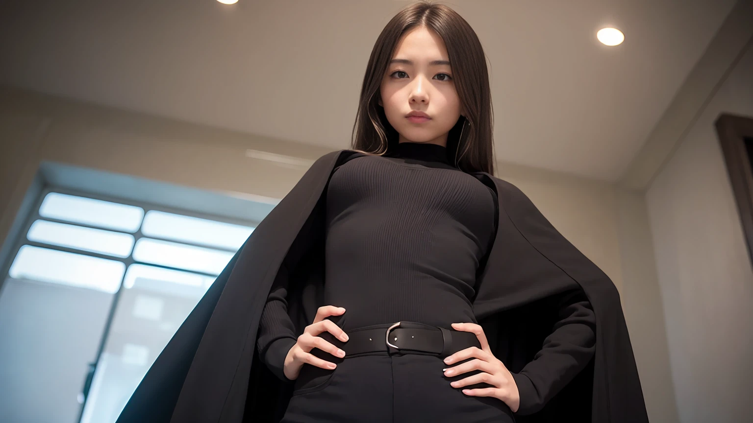(masterpiece, best quality:1.2), from below, solo, 1girl, ozen, expressionless, closed mouth, looking at viewer, hands on hips, black jacket, cape, black pants, black gloves