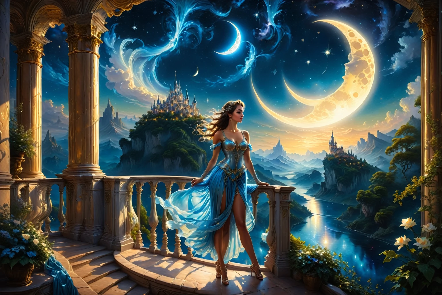 Painting of a beautiful woman in a blue dress, silver opera gloves and Roman sandals, standing on the balcony in a graceful pose, the scene is illuminated by the moon in the starry sky, based on Evgeny Lushpin, romantic picture, beautiful art uhd 4k, Michael Horse (unreal engine, Fantasy Painting HD, Alexander Kucharsky, fantasy art realistic painting, inspired by Michael Cheval, beautiful painting in fantasy style, Fantastic scene, fantasy beautiful, dream landscape art, fairytale picture, beautiful fantasy art, very beautiful fantasy art, fantasy woman, beautiful fantasy art style painting, moon goddess, breathtaking fantasy art, fantasy art style, moon goddess, fantasy art, fantasy art, hd fantasy art, beautiful sky mage, fantasy art, realistic fantasy painting, amazing fantasy art, detailed fantasy art