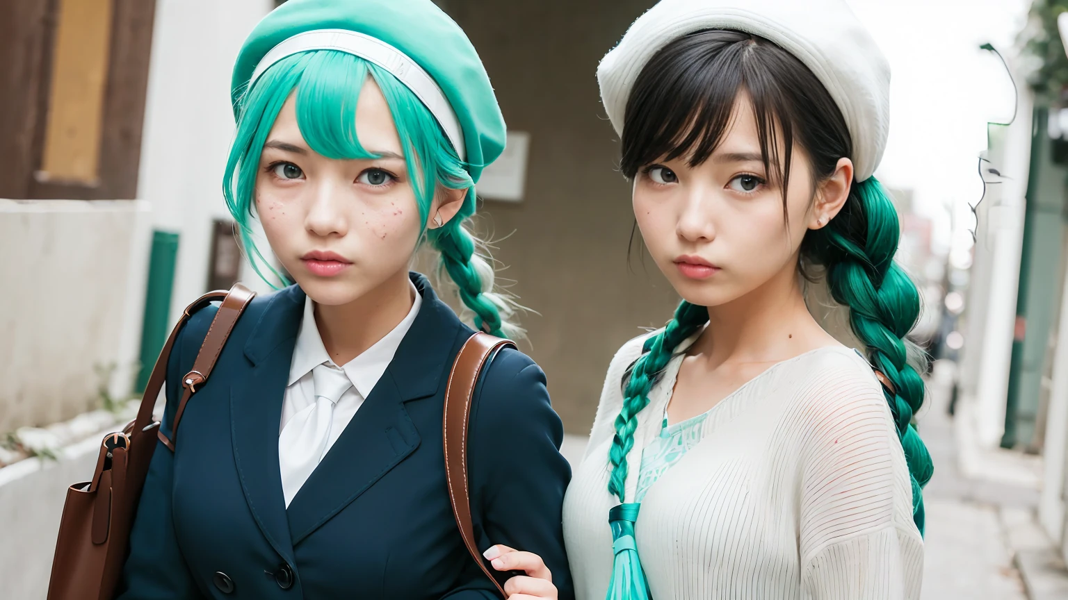 1girl, (bags under eyes:1.5), mint green hair, twin_braid, white beret, white shirt, flower necktie