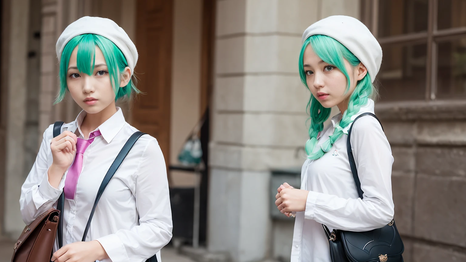 1girl, (bags under eyes:1.5), mint green hair, twin_braid, white beret, white shirt, flower necktie