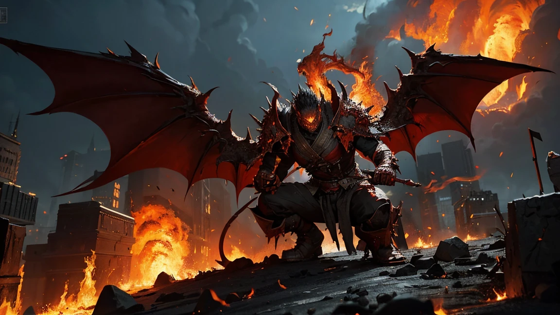a Deathwing on fire with flames rising above the city, in the style of zbrush, referential painting, spiky mounds, dark bronze and red, meticulous detail, crowcore, exaggerated expressions, stunning art by Bayard Wu
