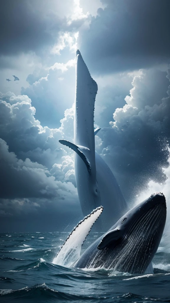 A man with white clothes swim in middle a sea.There is super big whale. Storm everywhere. Dark sky.