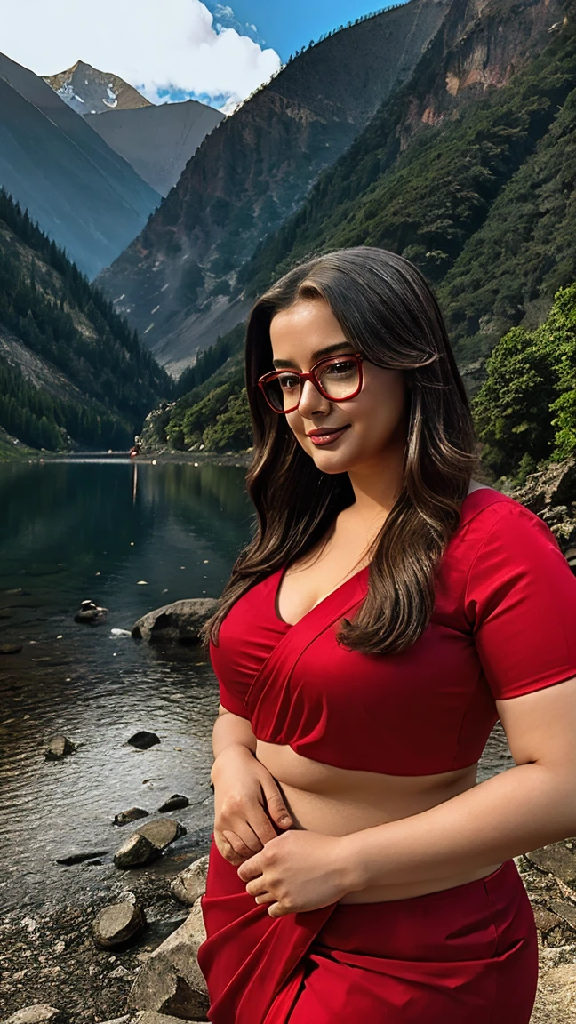 selfie of Plus size woman in red saree , wearing glasses, in mountains