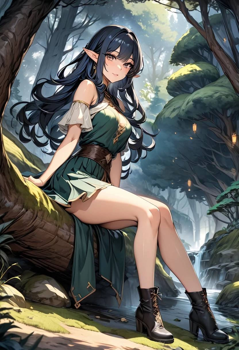 high quality, 4k, 8k, highres, HDR, UHD, masterpiece, ultra-detailed, a beautiful elf woman in a dark fantasy forest, sitting pose, legs toghether, creative angle, mature woman. short skirt, natural clothing, eld boots, extremely detailed face, medium long flowing hair, natural looking hair, rendered hair, dark blue hair, curious expression, sitting under a large tree, anime style, highly detailed, 8k, fantasy art, magical atmosphere, mossy ground, dark setting, demonic forest, dark eyes, rendered eyes, special eyes, pointed ears, detailed dress, intricate details, fantasy landscape, simple background