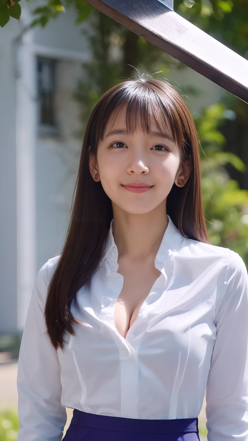 (1 female),beauty,Beautiful Face,smile,(dress shirt:1.4),A dignified appearance,Plump Style,(Saggy breasts:1.3)、(Peeking into this、Front view),Focus on the chest,Ultra-realistic,Ultra-high resolution,highest quality,8k,masterpiece,(random location)、The cutest Yoshioka Riho, (cleavage:1.3),(black mini skirt),( smile:0.8),(nipple stand:1.4)