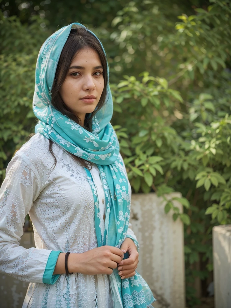 Young woman wearing a turquoise and white embroidered scarf and a white patterned kurta, standing outdoors with greenery in the background.