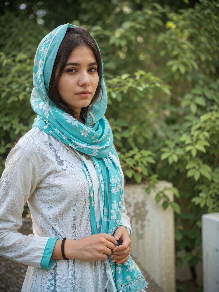 Young woman wearing a turquoise and white embroidered scarf and a white patterned kurta, standing outdoors with greenery in the background.