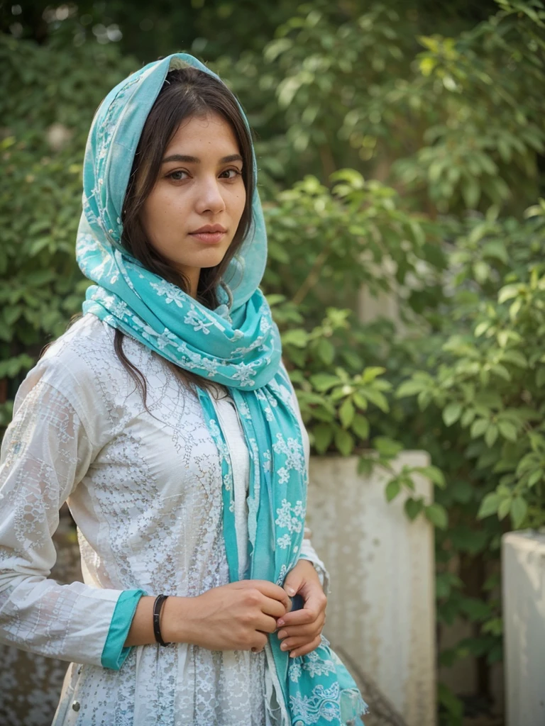 Young woman wearing a turquoise and white embroidered scarf and a white patterned kurta, standing outdoors with greenery in the background.