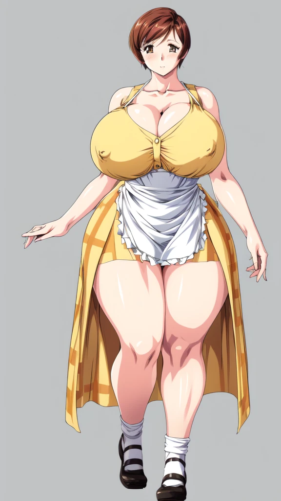 masterpiece, highest quality, High resolution, One girl, solo, sexual intercourse, Pornographic images, short hair, etsukoto, brown Eyes, fine grain, fine grain, long legs, (((Thick thighs, Plump thighs, Voluptuous thighs, Thighs alone are enough))), Huge and ample breasts, Cleavage, big long breasts, Naughty big,((big breasts are important))、((Naughty thighs)), L Cup, (thin:1.4),(Tight waist:1.4), (yellow dress:1.4),((waist apron)), white panty, (((Simple Background))), ((Wide Hips)), Shiny, Oily skin, Mature mother, Calf, Seductive mature woman, milf, Perfect body, Plus Size Model, curvy, ample, etsukoto, blush, clavicle, retro artstyle, 1990s (style), (thick thighs:1.4), bursting breasts, full body, (((showing panty))), nsfw,