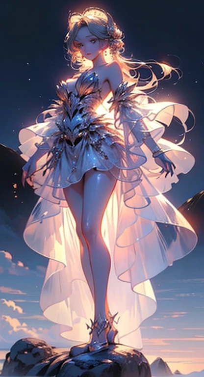 luminescent, ((bare shoulders)), ((whole body)), actual, Fashion girl, red lips, adult, cosmetics, big eyes, fair eyes, ((whole body)), ((from below)), (best quality, masterpiece:1.2), super detailed, (actual:1.37), ((Sexy long legs)), fair, young and energetic, Charming model with, big breasts, split, (exquisite eyes, delicate lips, extremely exquisite eyes), Show a bright smile, Create stunning girl images, Warm colors, Extremely high color saturation, official art, Extremely detailed CG unified 8K wallpaper,(high dynamic range :1.4), (cinematic),(pastel colors, The color is dull, soothing tone :1.3), (natural skin texture, ultra-actual, soft light, sharp),(Very detailed), night, moonlight, ((in mountains, plant, Leaning against the rocks))