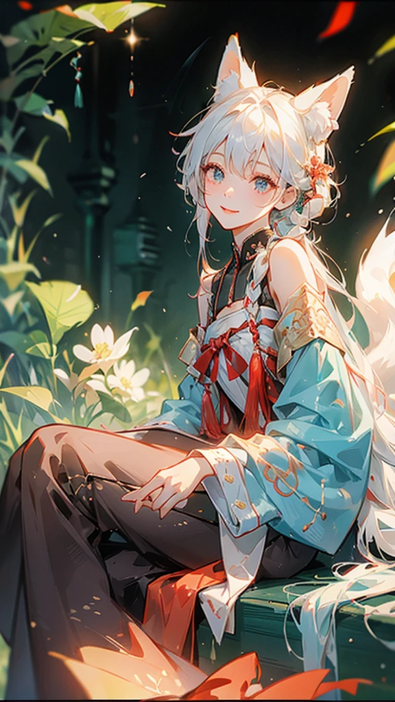 A fox girl image:Work clothes,new Chinese style;Everyday wear,Try various modern styles。White hair。Big fox ears in front of the morning,Human ears covered by hair and red braided rope,Appears as a hair tie、Work performance is post-production、Daily performance is side braid、The fox is represented as a collar,The arms, shoulders and neck have technological patterns。Holding a compass。Weird and funny words;Low sense of humor in communication;Expressing chatterbox,Easy to immerse yourself;Comprehension is a bit funny,Because we are exploring modern human society。,Background is ancient Chinese style,Sitting down reclining,Expression smile,Pupil royal blue,Smaller character,A little more background