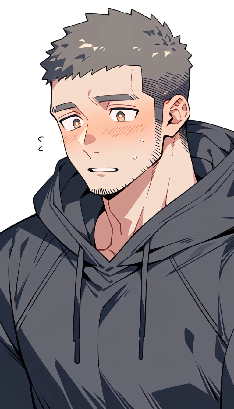 anime characters：Priapus, Dark-skinned muscular athlete, They hugged each other, Buzz Cut, Manliness, male focus, Sports tight hooded sweatshirt, Very tight, full and perky chest muscles, muscular male, muscular, only, Upper body, alone, Red short hair, Thick eyebrows, stubble, Brown-red pupils, White background, simple background, amazing quality, best aesthetics, Ridiculous, crew cut, parted lips, flustered, endured face, shy, blush, negative space, negative space, best quality