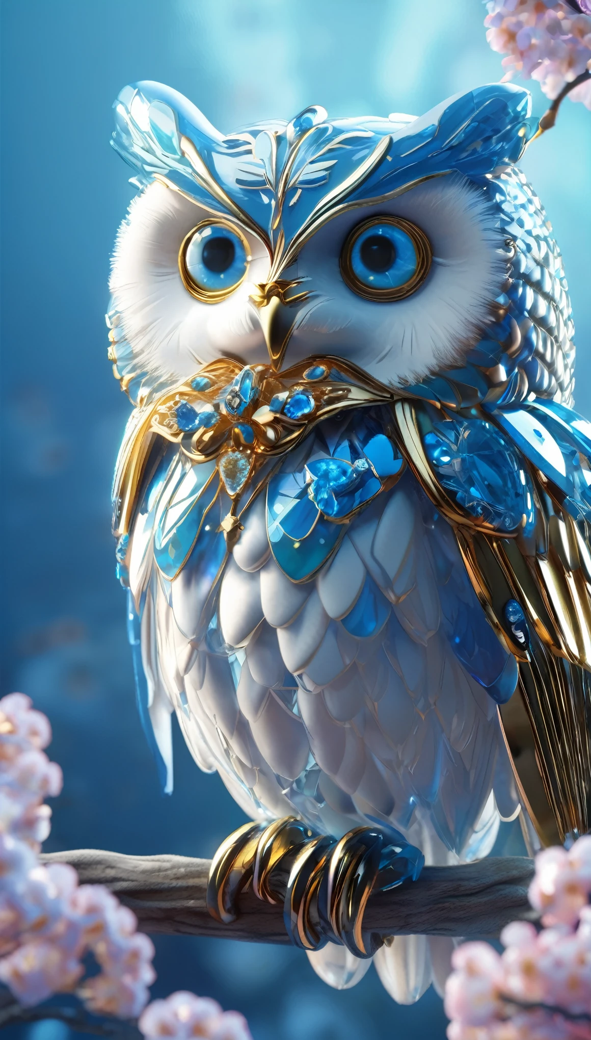 Blue eyed owl image, Unreal Engine Rendering, Very detailed , Bee Global Illumination, Exquisite and gorgeous jewelry, Popular trends on cgisociety, Motion Graphics, rossdraws Global Illumination, CG Society