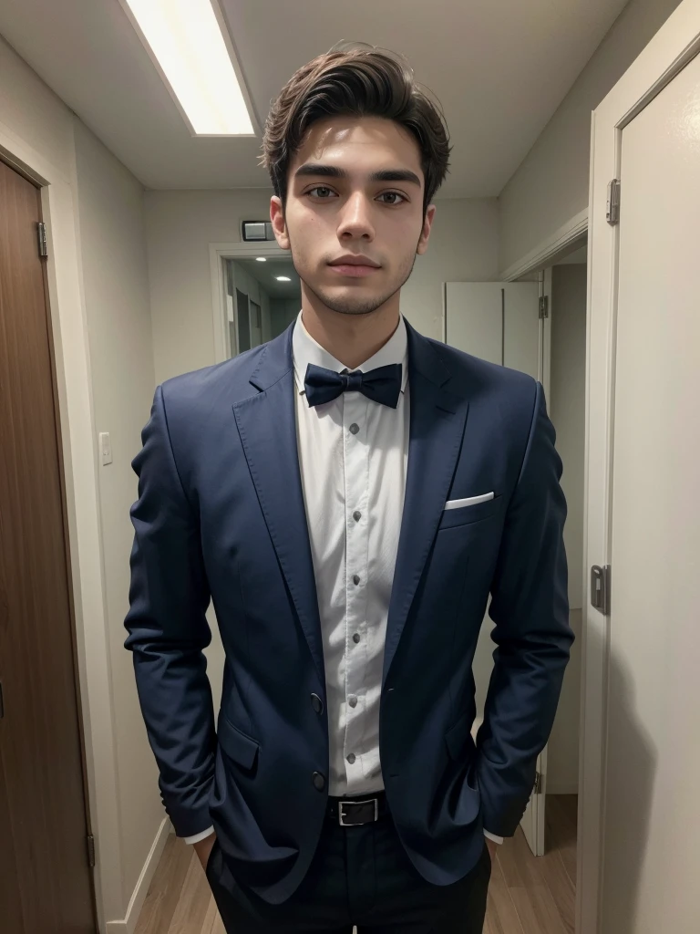 22-year-old Brazilian man in a suit with his hand in his pocket, short hair without beard, no quarto selfie 🤳🏽 realista, and great quality