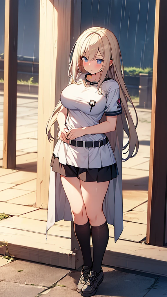 masterpiece, best quality, highres, hmeliza, 1girl, jewelry, single thighhigh, hair over one eye, midriff, navel, purple skirt, asymmetrical legwear, pink shirt, black thighhighs, belt, miniskirt, standing, wind, wind lift, no panties, bottomless, embarrassed, blush, public indecency, skirt tug, covering crotch
